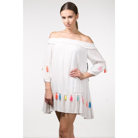 Boutique Dresses & Skirts - Casual Off The Shoulder Multi-Color Tassels White Dress Super Cute Comfy